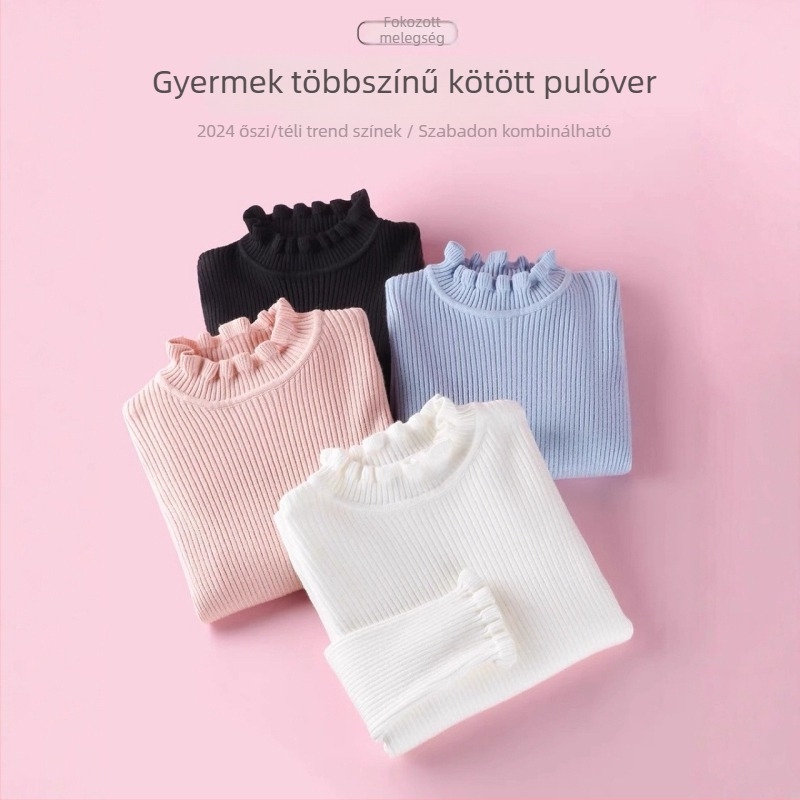 Lányoknak készült kötött pulóver, egyszínű, hosszú ujjú, kerek nyakú, fodros szegéllyel