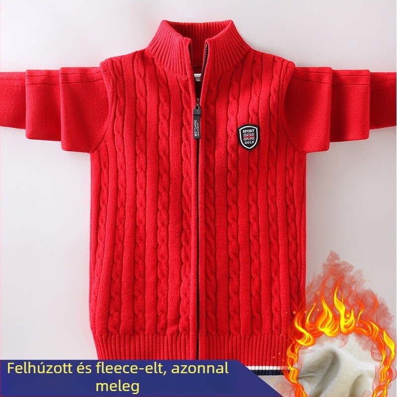 Uniszex pamut kötött pulóver cipzárral, téli fleece-béléssel, vastag, hosszú ujjú