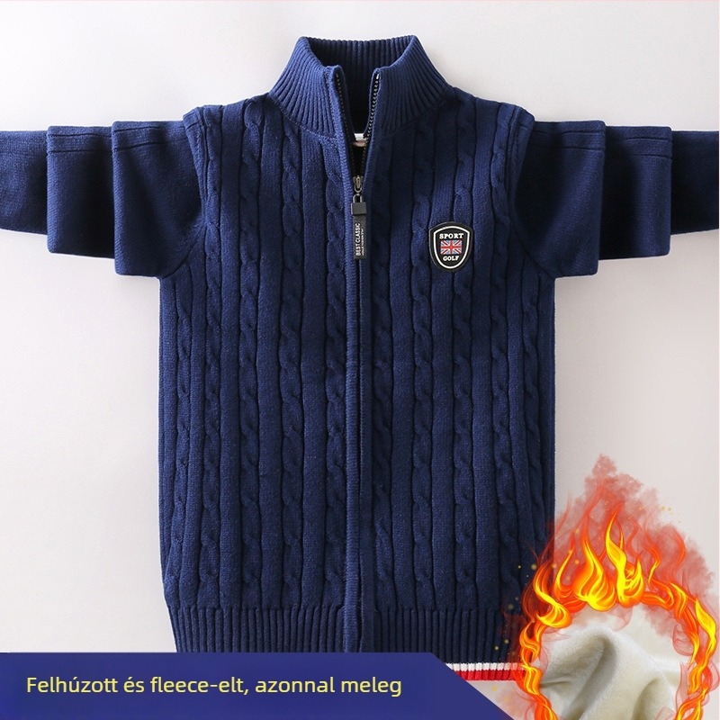 Uniszex pamut kötött pulóver cipzárral, téli fleece-béléssel, vastag, hosszú ujjú