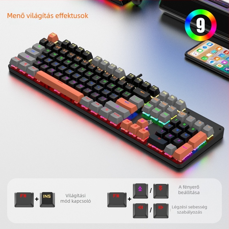 Mechanikus billentyűzet, 104 gomb, vezetékes, hot-swappable, háttérvilágítással