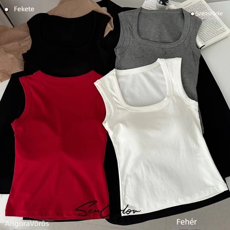Koreai stílusú pamut camisole széles vállpántokkal, mellkas-párnával és szivacspárnával, négyszögletes nyakrész, 90–95% pamut, 181–200 g/m2