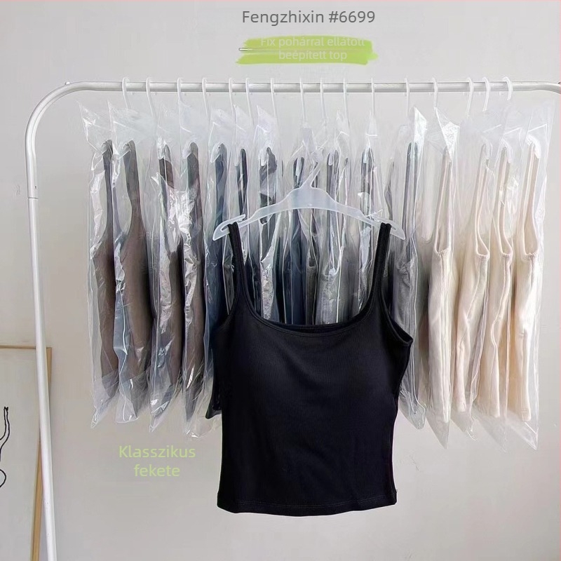 Kamisol négyszögletes galléval, beépített kosárkákkal, sling pántokkal, magas rugalmasság, pamutszivacsos bélés, rayon anyag 70–80%, súly 161–180 g/m²