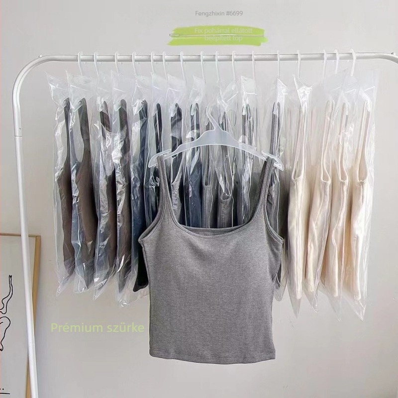 Kamisol négyszögletes galléval, beépített kosárkákkal, sling pántokkal, magas rugalmasság, pamutszivacsos bélés, rayon anyag 70–80%, súly 161–180 g/m²