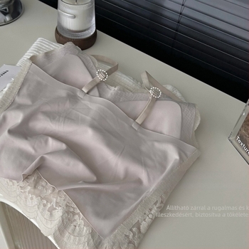 Csipkés hátú kamiszol, rögzített kosárkák, nylon anyag, V-nyakú, négy évszak, közepes súly 141–160 g/m2