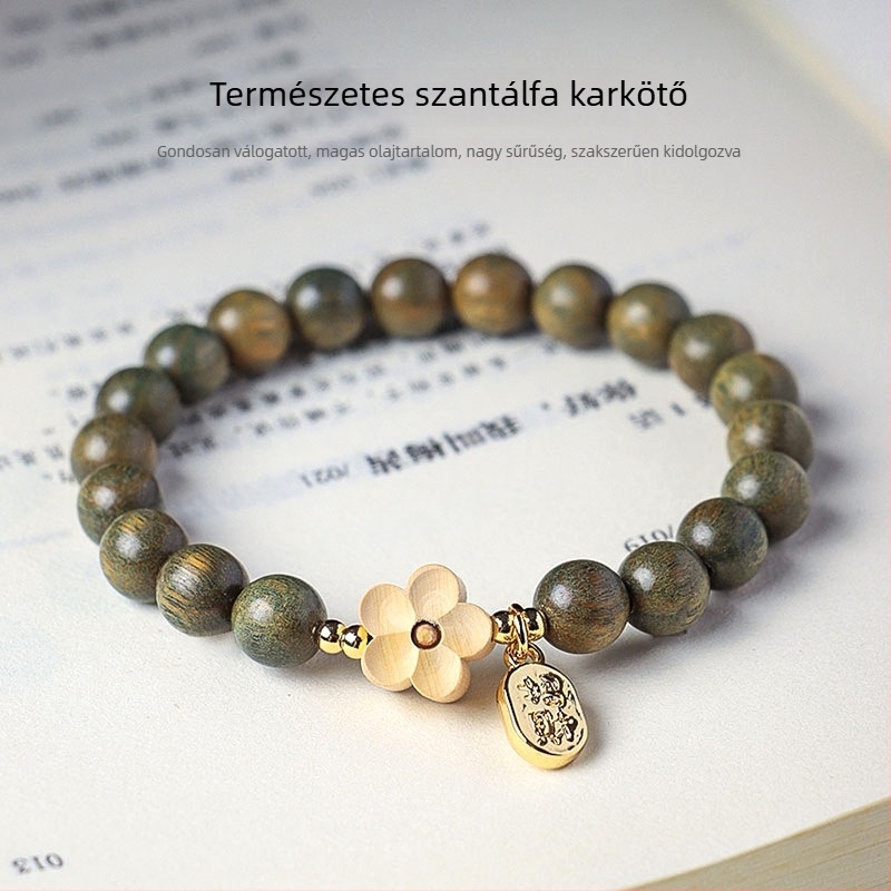 Természetes arany szantálfa gyöngyös karkötő nőknek, kínai stílusú, művészi vintage ékszer szantálfa virágokkal