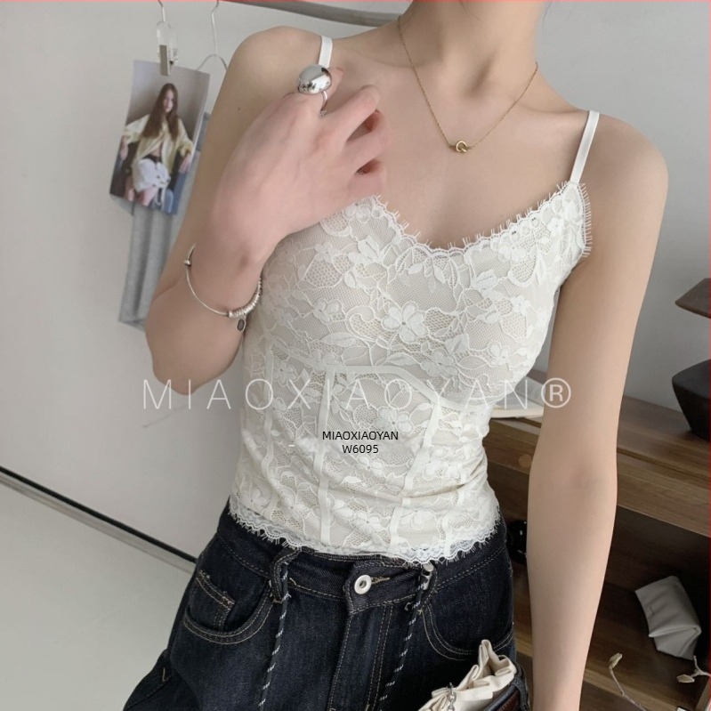 Női csipkés camisole V-nyakkal, sling-stílusú, melltámasz, nylon csipke anyag, ultra vékony szövet 81–100 g/m²