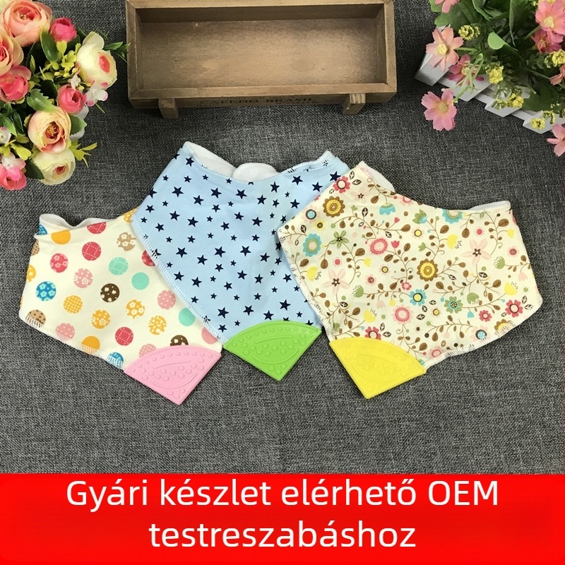 Pamut baba etető kendő, háromszög alakú, nedvszívó, harapás-zsebbel, 0-6 év