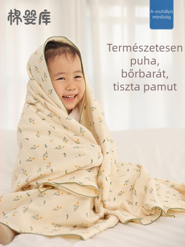 100% pamut babafürdető törölköző szett: géz anyagú babatörölköző, újszülött fürdőköntös, négyrétegű takaró és nedvszívó törölköző.