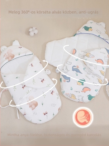 Újszülött ölelős hálózsák, 100% pamut anyag, Space cotton töltet, négy évszakos vastag dizájn, rajzolt mintázat (0–12 hónapos korosztály számára)