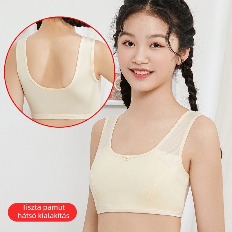 Kislányok pamut edzőmelltartó, merevítő nélkül, kerek nyakú, 95% pamut, 8+ éveseknek, egész éves viselet, Debofen