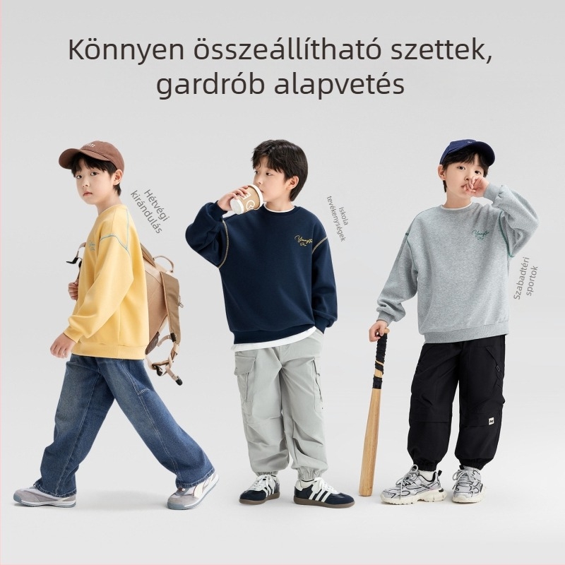 Fiú gyerekeknek szabadidős pulóver, 60% pamut, bélés poliészter, hosszú ujjú, kapucni nélkül, tavasz–ősz 2025, 8 éves kortól
