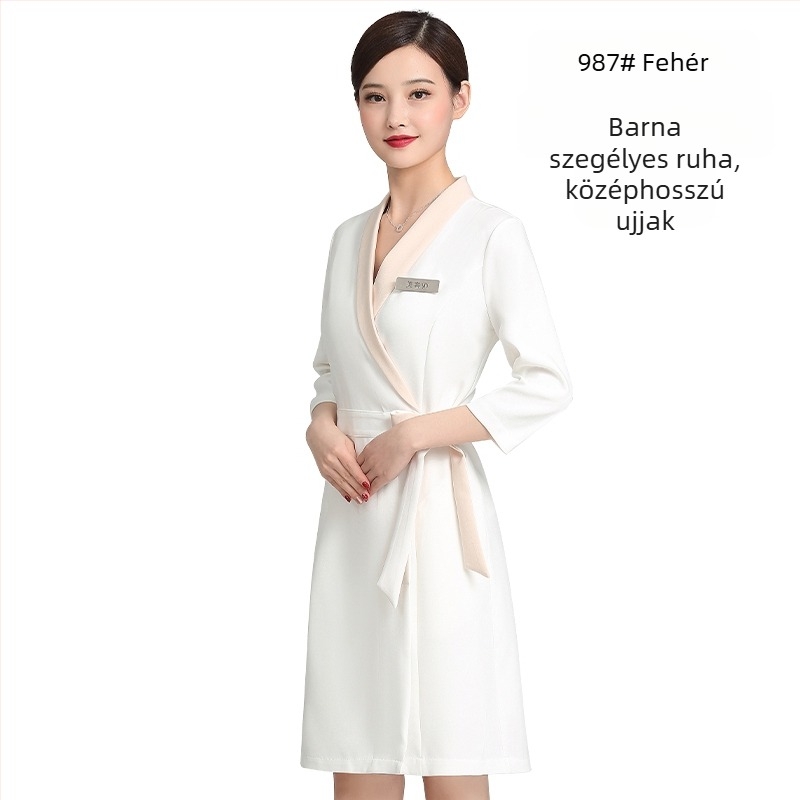 Uniszex kozmetikai szalon egyenruha készlet közepes ujjú felsővel, Chenille anyag, 50–70% elasztán, 5/4 nadrág, prémes gallér