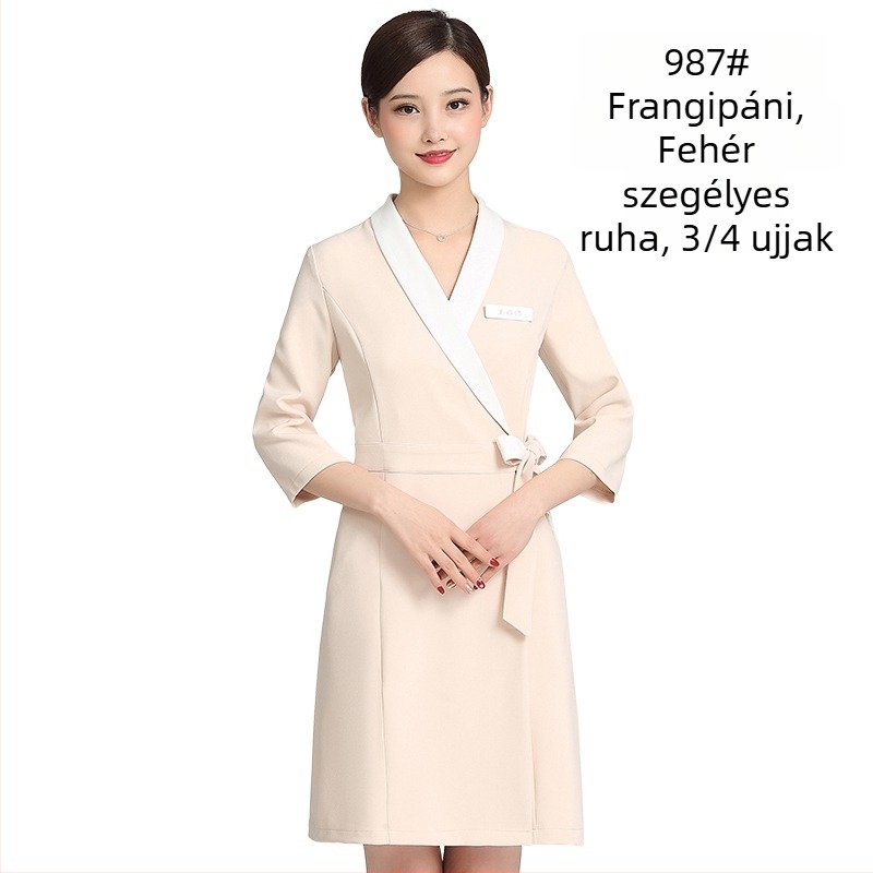 Uniszex kozmetikai szalon egyenruha készlet közepes ujjú felsővel, Chenille anyag, 50–70% elasztán, 5/4 nadrág, prémes gallér