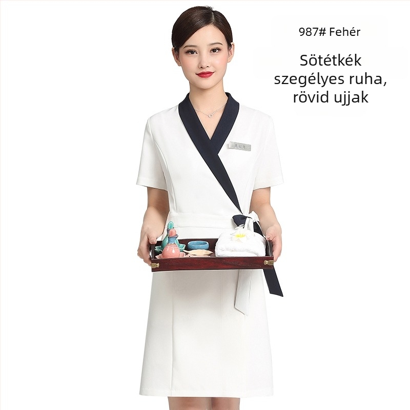 Uniszex kozmetikai szalon egyenruha készlet közepes ujjú felsővel, Chenille anyag, 50–70% elasztán, 5/4 nadrág, prémes gallér