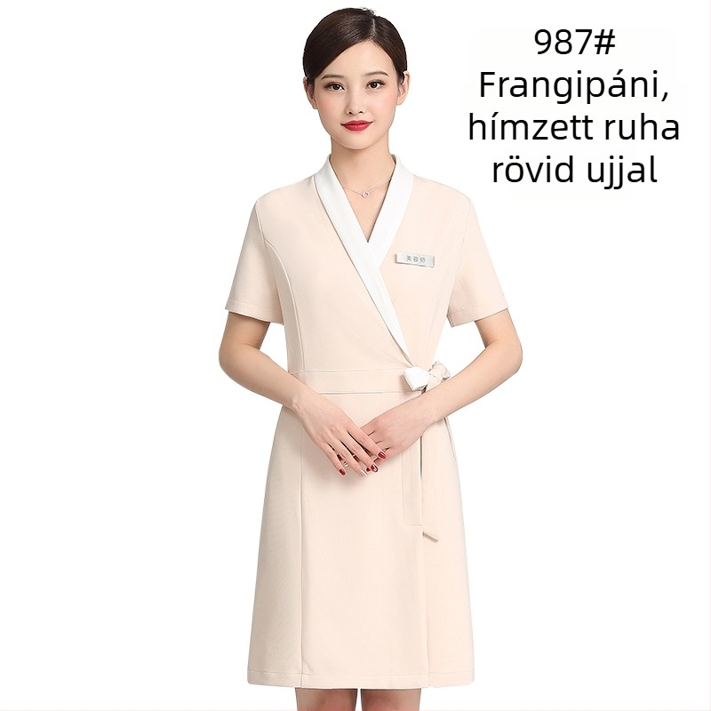 Uniszex kozmetikai szalon egyenruha készlet közepes ujjú felsővel, Chenille anyag, 50–70% elasztán, 5/4 nadrág, prémes gallér