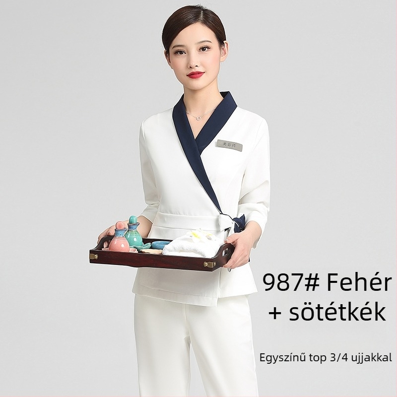 Uniszex kozmetikai szalon egyenruha készlet közepes ujjú felsővel, Chenille anyag, 50–70% elasztán, 5/4 nadrág, prémes gallér