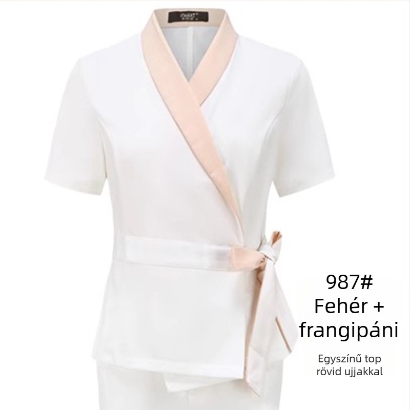 Uniszex kozmetikai szalon egyenruha készlet közepes ujjú felsővel, Chenille anyag, 50–70% elasztán, 5/4 nadrág, prémes gallér