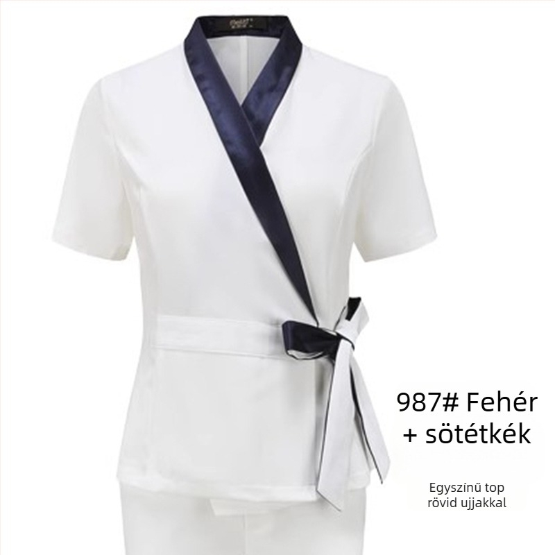 Uniszex kozmetikai szalon egyenruha készlet közepes ujjú felsővel, Chenille anyag, 50–70% elasztán, 5/4 nadrág, prémes gallér