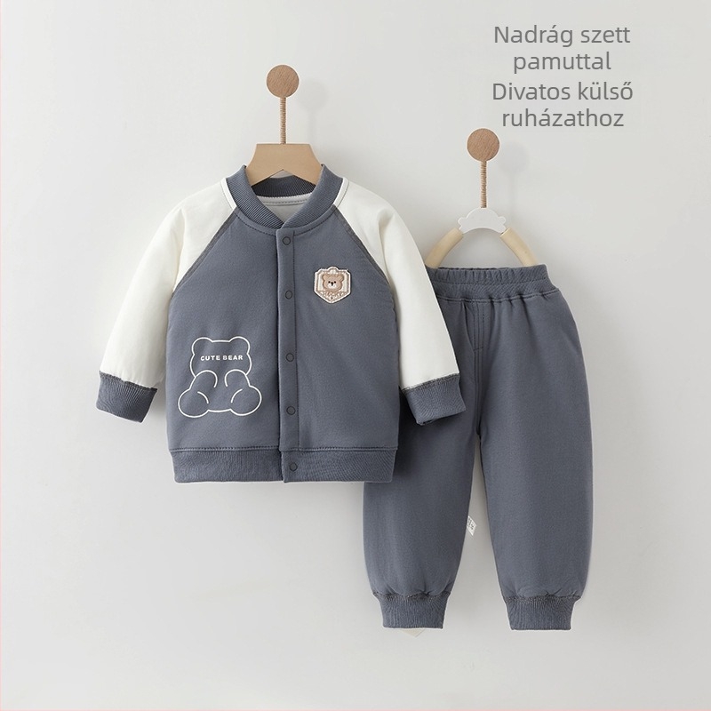 Két részes pamut quiltöltetű gyerekeknek szóló szett – dzseki kapucni nélkül és nadrág, hosszú ujjú, rajzfilm mintával, 1–3 éveseknek, téli/tavaszi/ősz
