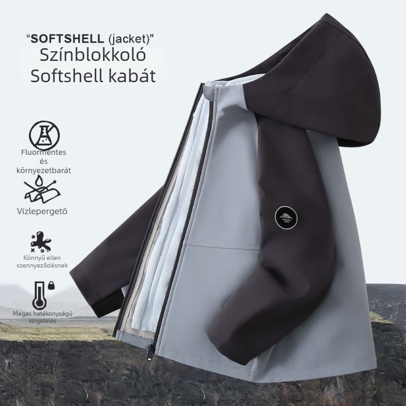 Gyerekeknek szóló softshell dzseki, szélálló, kapucnival, 1500MM vízálló, poliészter anyag, 7–12 éveseknek