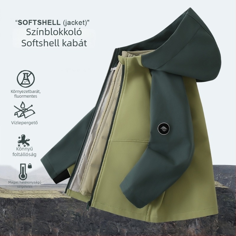 Gyerekeknek szóló softshell dzseki, szélálló, kapucnival, 1500MM vízálló, poliészter anyag, 7–12 éveseknek