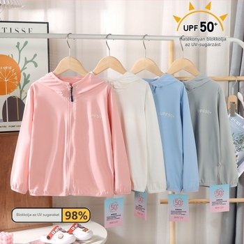 Gyerek UV-védelmet nyújtó kapucnis nyári dzseki (Fő anyag: poliészter 95%; Anyagtípus: vegyes rost; Belső: Nylon F; Súly: 200 g; Korosztály: 7–12 év)