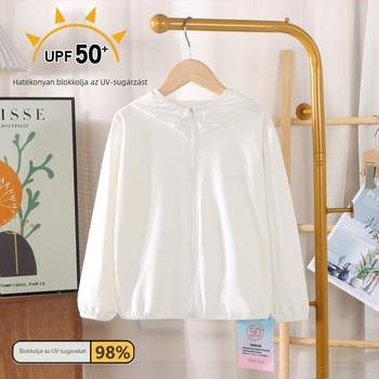Gyerek UV-védelmet nyújtó kapucnis nyári dzseki (Fő anyag: poliészter 95%; Anyagtípus: vegyes rost; Belső: Nylon F; Súly: 200 g; Korosztály: 7–12 év)