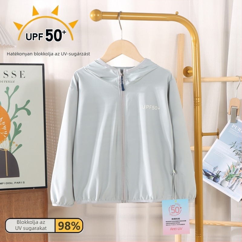 Gyerek UV-védelmet nyújtó kapucnis nyári dzseki (Fő anyag: poliészter 95%; Anyagtípus: vegyes rost; Belső: Nylon F; Súly: 200 g; Korosztály: 7–12 év)