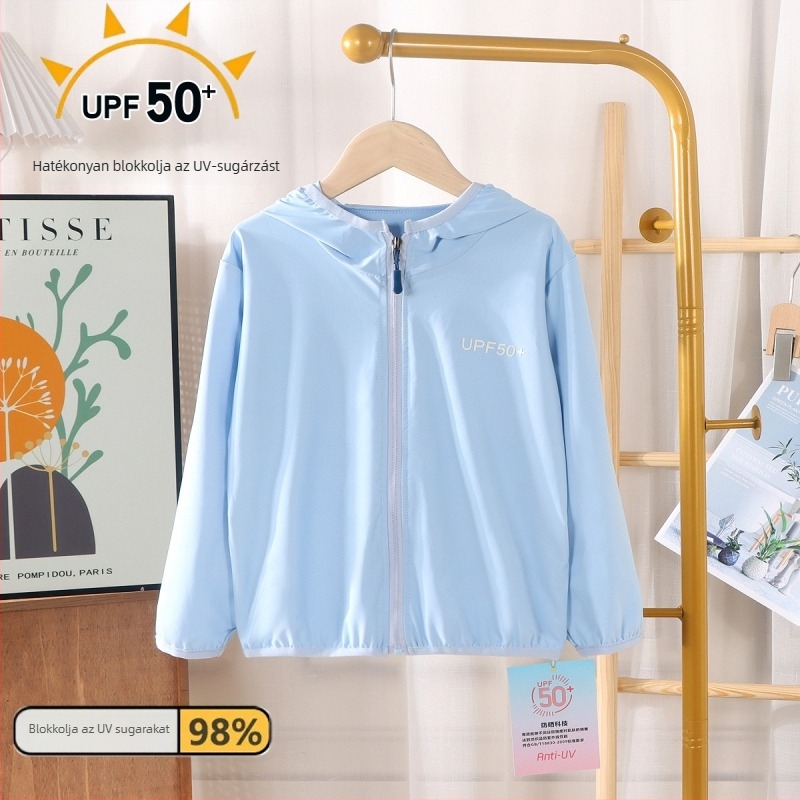 Gyerek UV-védelmet nyújtó kapucnis nyári dzseki (Fő anyag: poliészter 95%; Anyagtípus: vegyes rost; Belső: Nylon F; Súly: 200 g; Korosztály: 7–12 év)