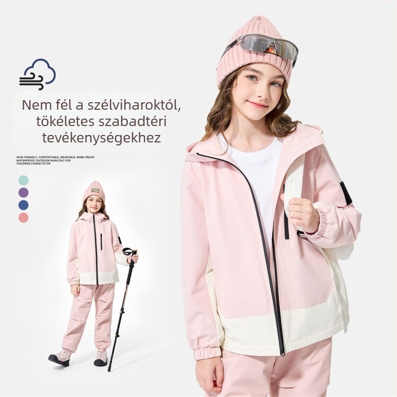 Gyerekeknek szóló szabadtéri kabát kapucnival, vízálló 1000 mm, szélálló és meleg, 100% poliészter
