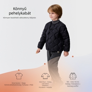 Gyerekeknek szóló pehelydzseki, uniszex, nylon külső és belső, fehér kacsa pehely 86–90%, kapucni nélküli, rövid fazon