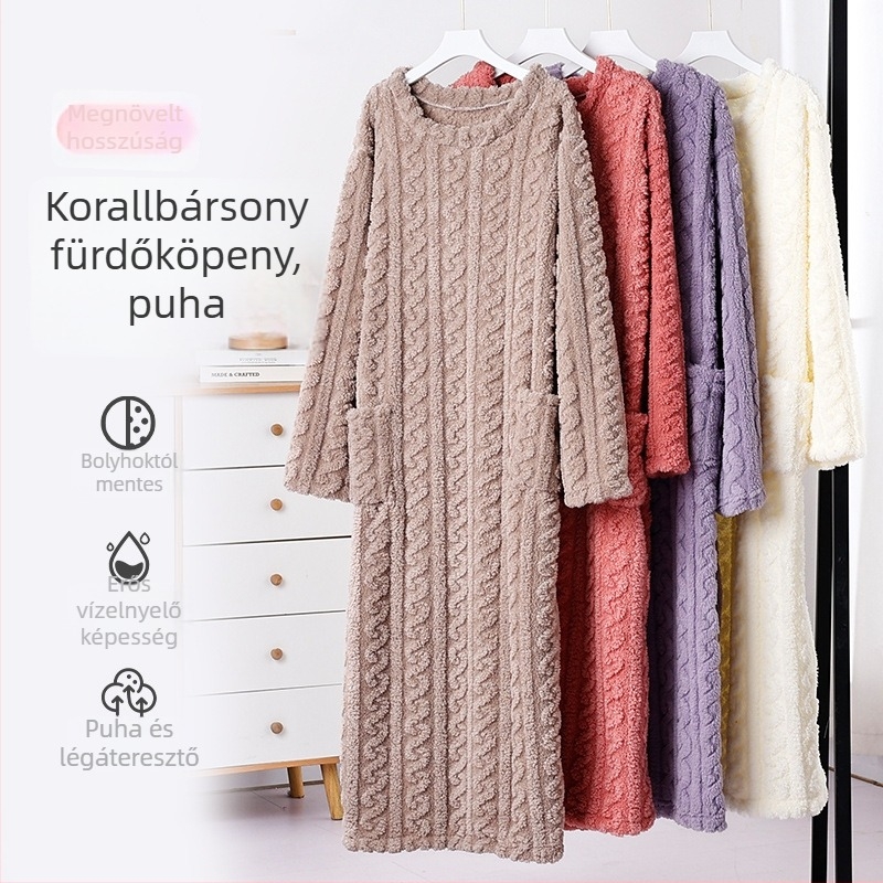 Női vastag korall fleece köntös, hosszú ujjú, laza szabás, téli otthoni viselet