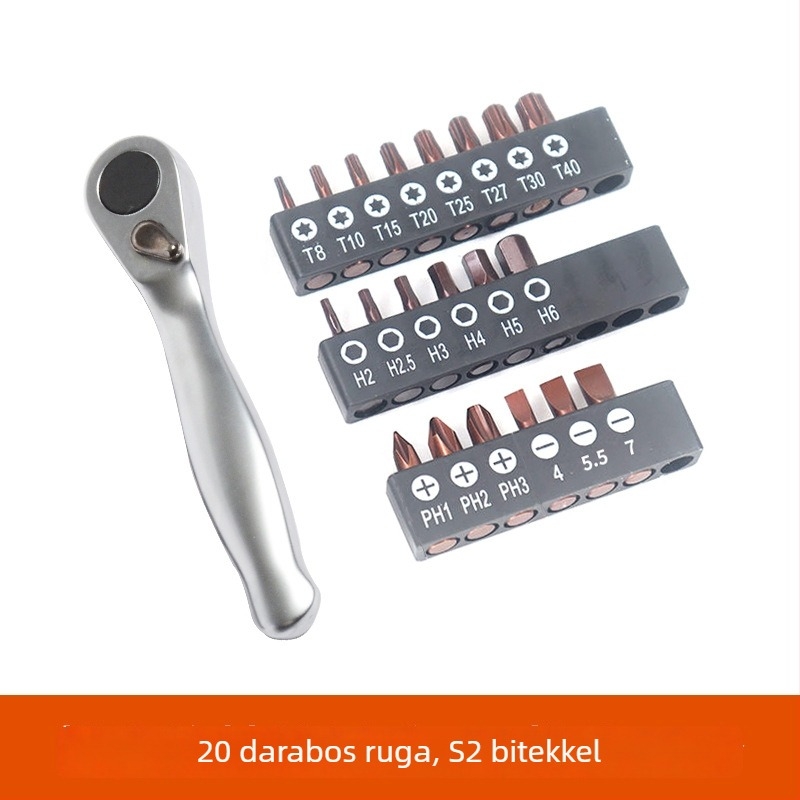 Mini racsnis készlet 1/4-es meghajtóval, előre/hátra gyors csavarhúzó, Cross, Hex és Torx bitek, króm-vanádium acélból