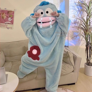 Korall fleece pizsama overál kapucnival, bohóchal mintával, vastag béleléssel, kényelmes otthoni viselet őszre és télre