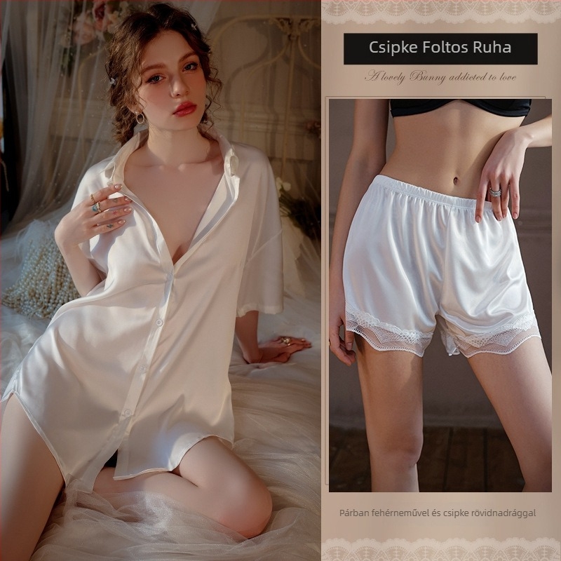 Nyári női pizsama boyfriend-stílusban, ice silk anyagból, V-nyakú, 3/4-ujjú, légáteresztő, könnyű, kinti viselésre is