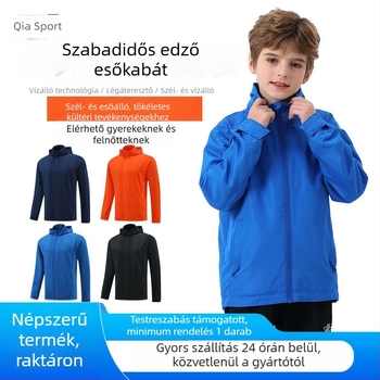 Gyermekek kültéri szélálló dzseki - szélvédő és vízlepergető, levehető kapucnival, álló gallér, poliészter anyag