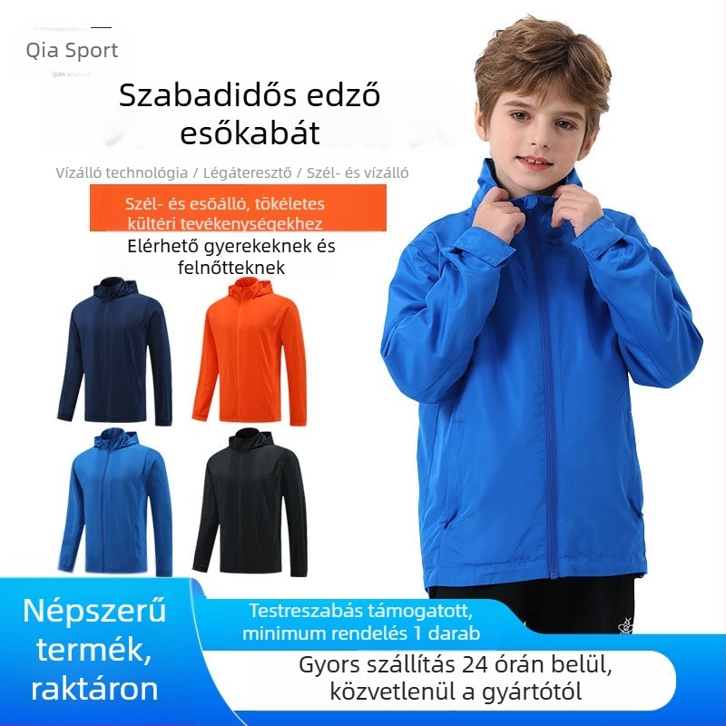 Gyermekek kültéri szélálló dzseki - szélvédő és vízlepergető, levehető kapucnival, álló gallér, poliészter anyag