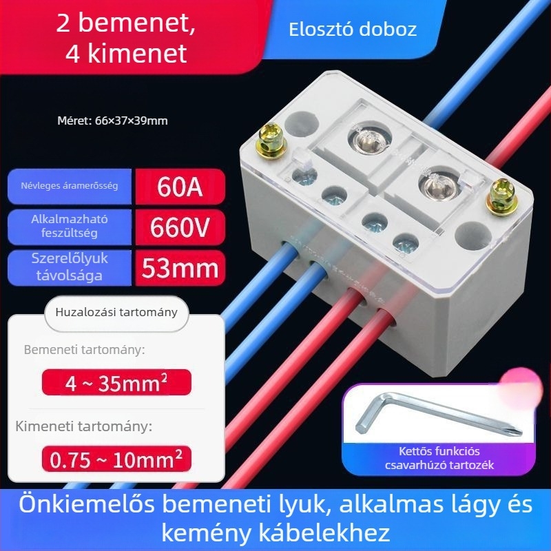 Nagy teljesítményű terminálblokk összekötő doboz réz burkolattal, két bemenettel és több kimenettel