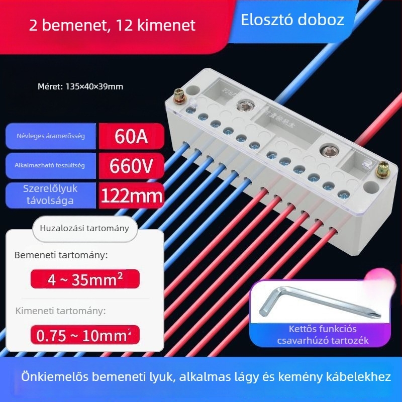 Nagy teljesítményű terminálblokk összekötő doboz réz burkolattal, két bemenettel és több kimenettel