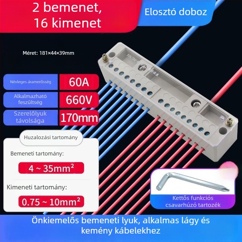 Nagy teljesítményű terminálblokk összekötő doboz réz burkolattal, két bemenettel és több kimenettel