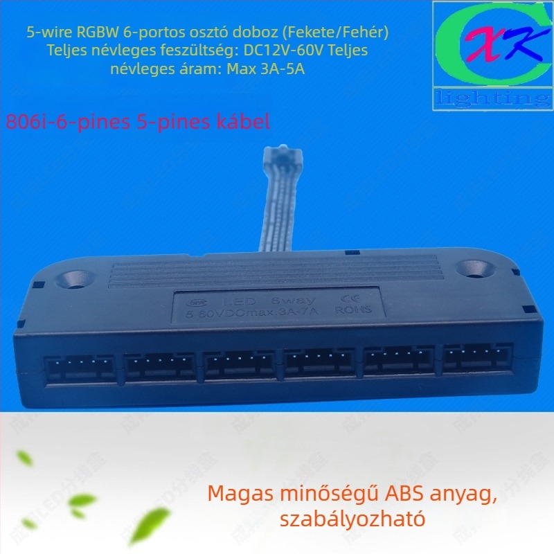 LED RGBW 5-vezeték elosztó doboz, 6 porttal, 5050 LED csatlakozó, ABS ház, Cheng xiang