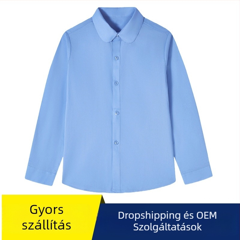 Lányoknak szóló kereknyakú, hosszú ujjú pamut ing, preppy stílusú iskolai egyenruha, tavasz–ősz