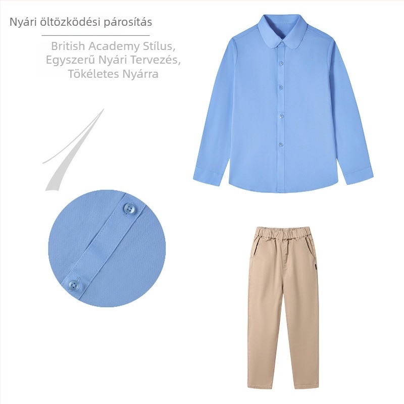 Lányoknak szóló kereknyakú, hosszú ujjú pamut ing, preppy stílusú iskolai egyenruha, tavasz–ősz