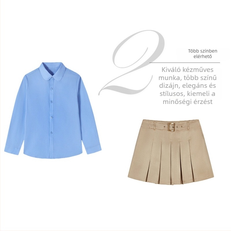 Lányoknak szóló kereknyakú, hosszú ujjú pamut ing, preppy stílusú iskolai egyenruha, tavasz–ősz