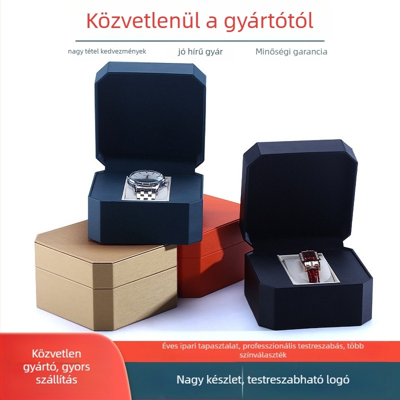 Nyolcszögletű PU bőr óratartó doboz, kihajtható fedéllel, csomagoló doboz mechanikus órákhoz, Morning inspection
