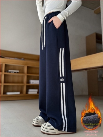 Lányoknak készült fleece-szegélyes laza nadrág téli, magas derekú, elasztikus övvel, 60% pamut, csíkos vagy egyszínű minta, 8 éves kor felett