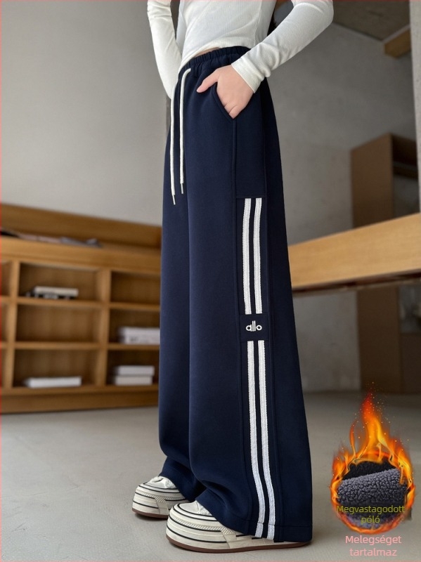 Lányoknak készült fleece-szegélyes laza nadrág téli, magas derekú, elasztikus övvel, 60% pamut, csíkos vagy egyszínű minta, 8 éves kor felett