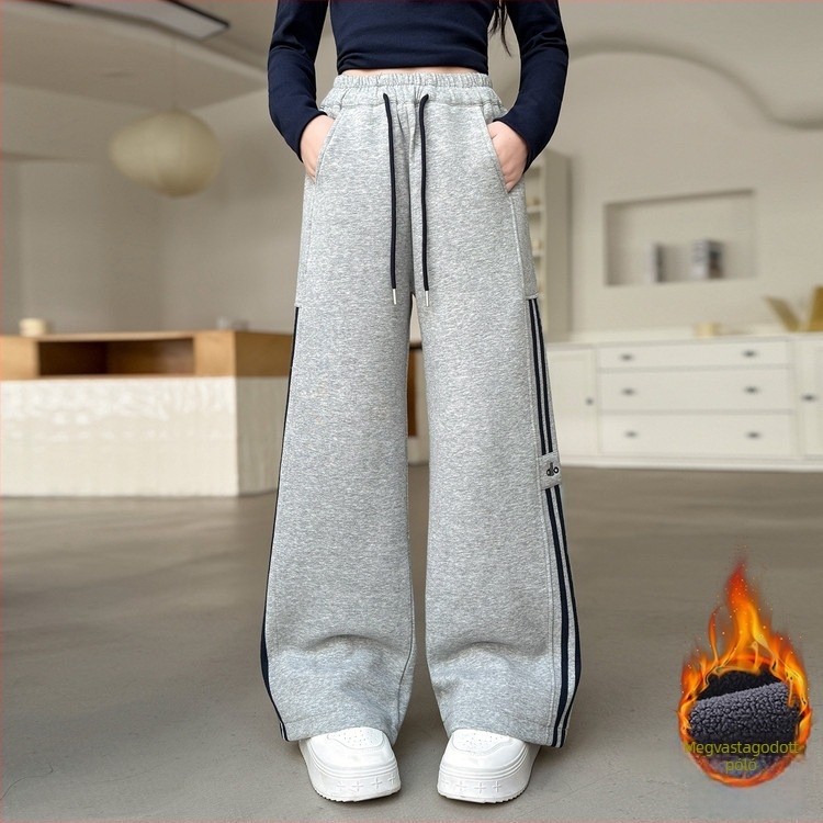 Lányoknak készült fleece-szegélyes laza nadrág téli, magas derekú, elasztikus övvel, 60% pamut, csíkos vagy egyszínű minta, 8 éves kor felett