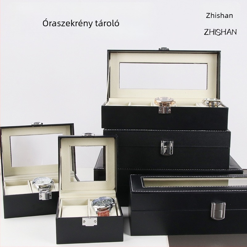 Bőr és MDF anyagú óradoboz átlátszó tetővel, karton csomagolásban, órák csomagolására és ékszeres csomagolásra