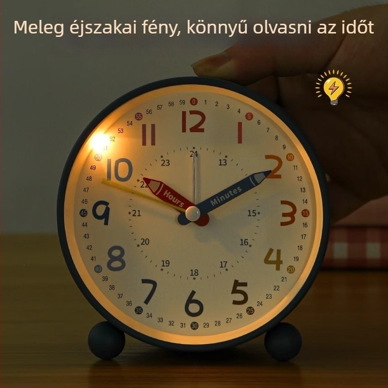 Diáknak szánt asztali ébresztőóra, csendes működés, elemről működik, fém ház és számlap, egyoldalas analóg kijelző